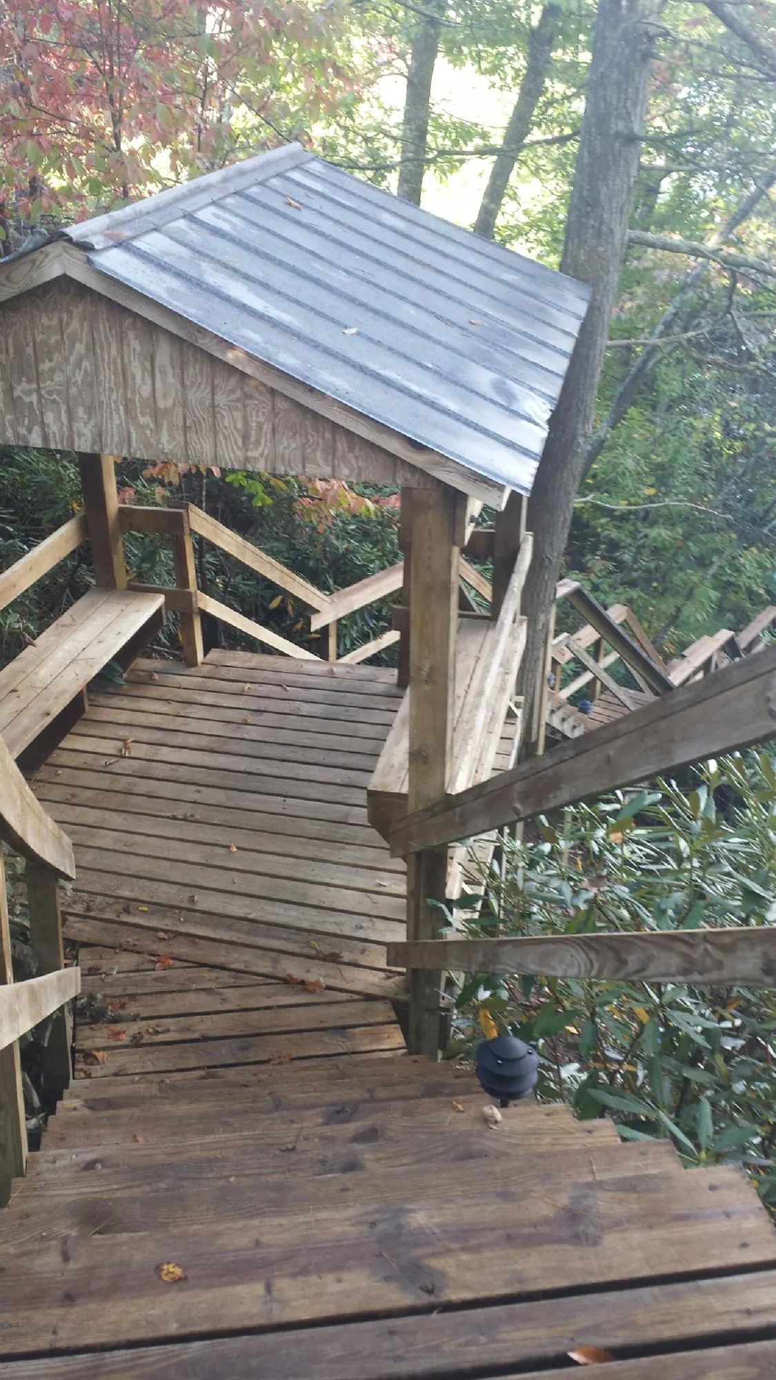 Metal roofed shelter over wooden steps on a wooded walkway — Skylight Repair & Installation work by our crew in Mazomanie
